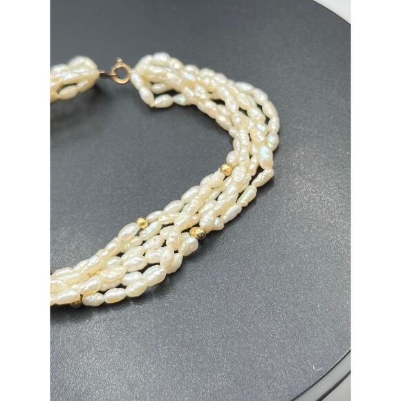 14k Yellow Gold Clasp Beaded Six Strand Freshwater Rice Pearls Women's Bracelet - Picture 2 of 9